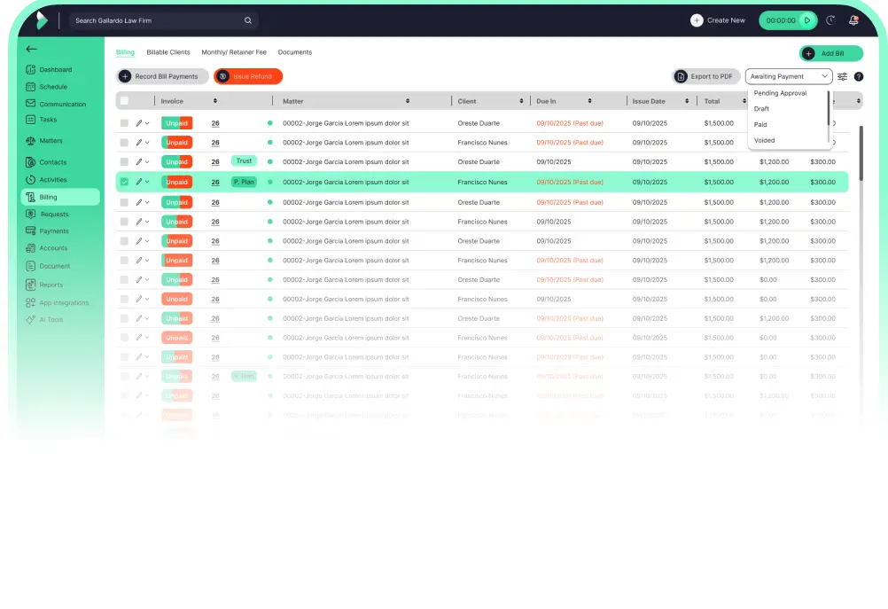 Billing application user interface