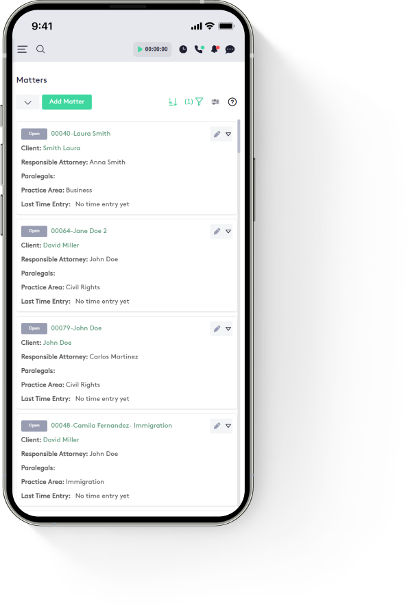 Matters list in Maatdesk on a phone - each matter's status, client, responsible attorney, practice area and last time entry