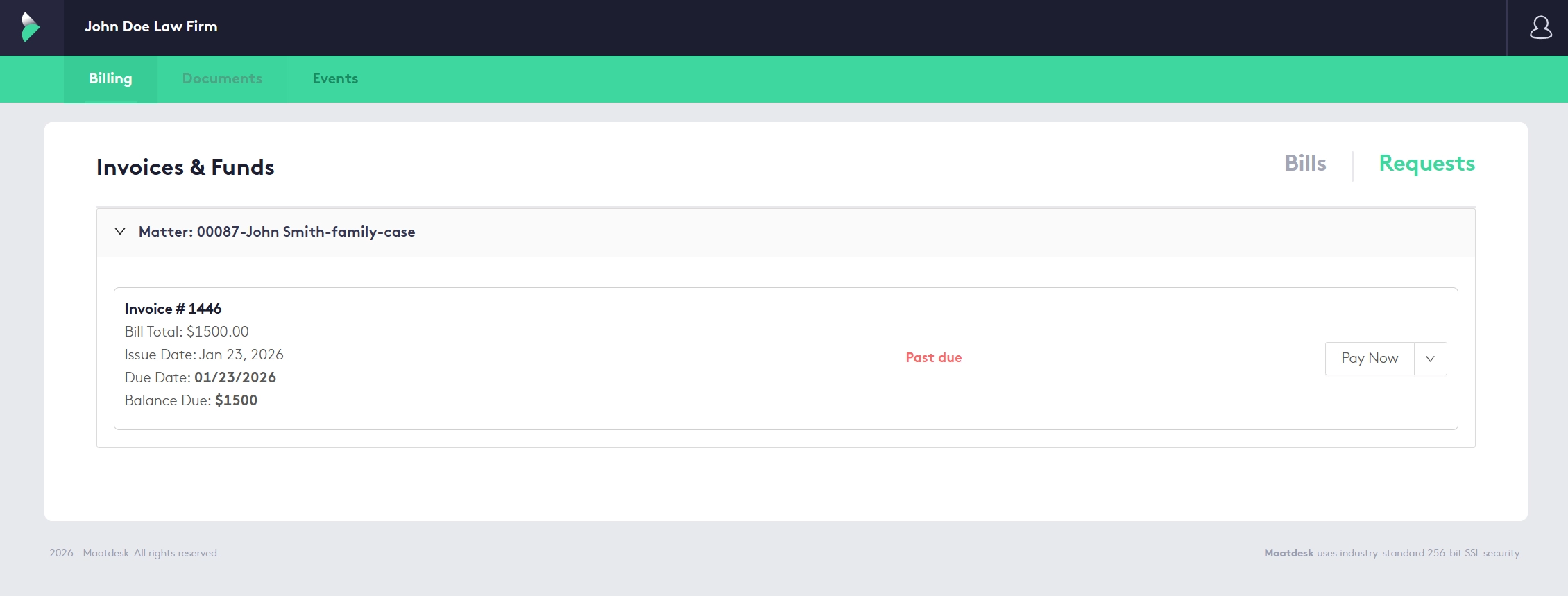 Law firm payment processing with MaatPay in the Maatdesk client portal - an invoice with its bill total, due date, balance due and a Pay Now button
